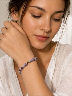 4-4- $25- Amethyst Beaded Stretch Bracelet with Gold Accents